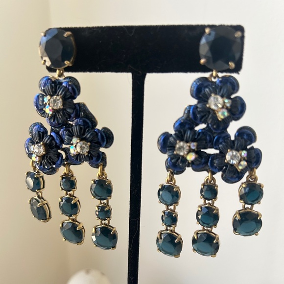 J.Crew Navy Blue Large Dangle Statement Earrings Crystal Rhinestones - Picture 13 of 14